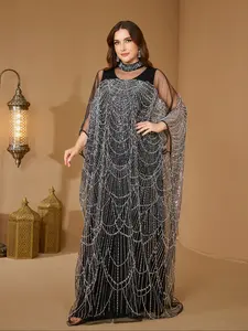 Plus Size Elegant Fit Long Sleeve Formal Wear Evening Dress, Reversible Beaded Sequins Embroidery Woven Mesh Fabric, Stand Collar Maxi Gown for Women