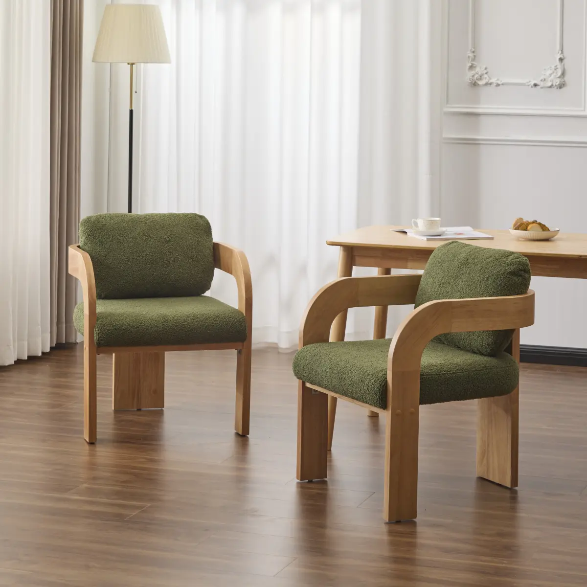 2-Pack Upholstered Soft Fabric Dining Chairs, Green Boucle Fabric, Natural Solid Wood Frame, Pillow Back, Soft Fabric Chairs, Upholstered Chairs