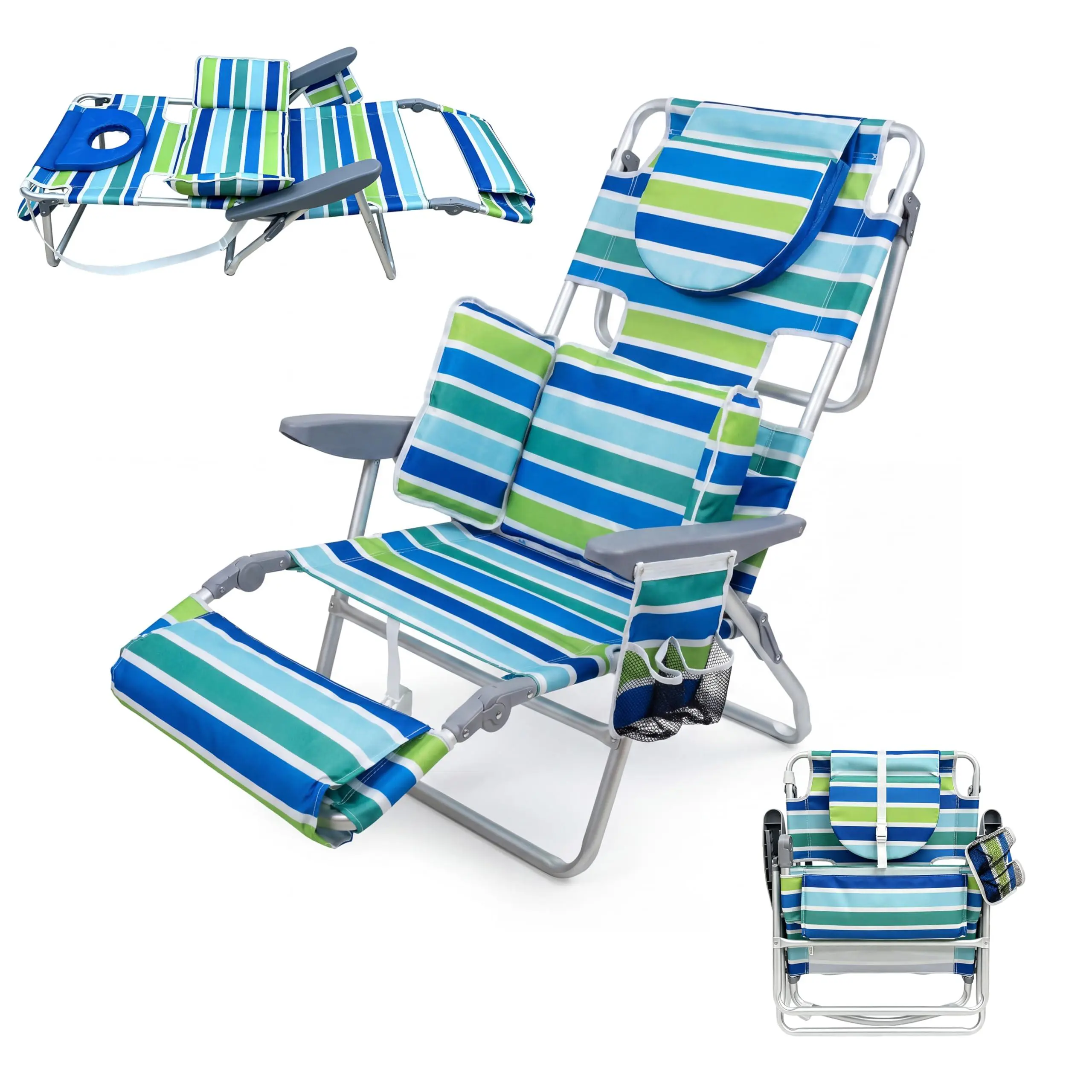Garvee Unisex Stripes 3-in-1 Folding Compact Aluminum Beach Lounger Chair for Adults, Portable Recliner with Face Hole, Adjustable Footrest, 5 Reclining Positions, Cup Holder, Towel Bar, Storage Pocket, 330lb Capacity