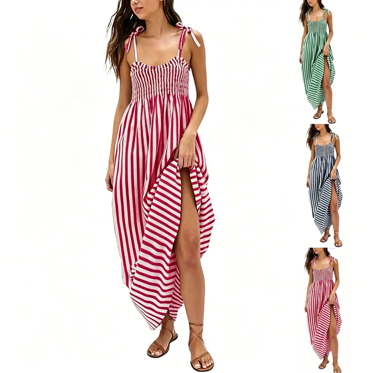 SCUSTY 2026 Women's Casual Striped Smocked Maxi Dress Spaghetti Strap Stretchy Flowy Swing Long Dress with Side Pockets