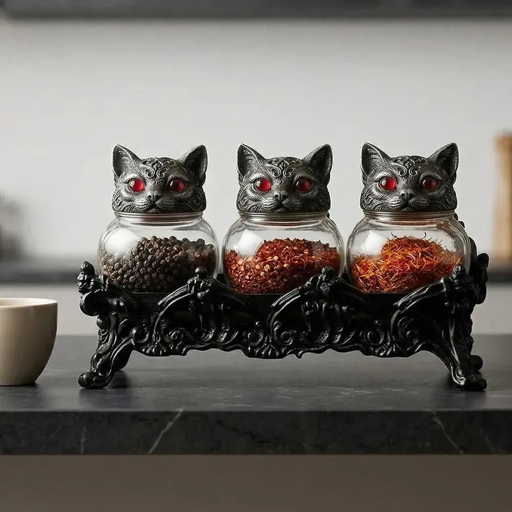 Witchy Cat Apothecary Spice Jars Set of 3, Handcrafted Frogs Spice Jars, Vintage Cat Lids, Gothic Kitchen Food Storage Containers with Lids