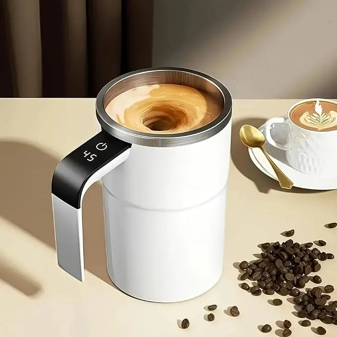 Rechargeable Self-Stirring Coffee Mug, Auto Magnetic Mixing, Temperature Display, 304 Stainless Steel, Double-Wall Insulated, Leak-Proof Travel Cup with Lid for Coffee, Milk, Protein Shakes