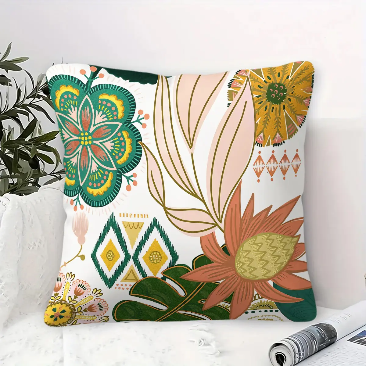 Bohemian-Style Floral Throw Pillow, Includes Pillow Insert, Made of Soft Microfiber, Home Decorative Cushion, Perfect for Sofas, Bedrooms, Living Rooms, and Dorm Rooms to Create a Cozy Atmosphere—Also a Thoughtful Gift Option