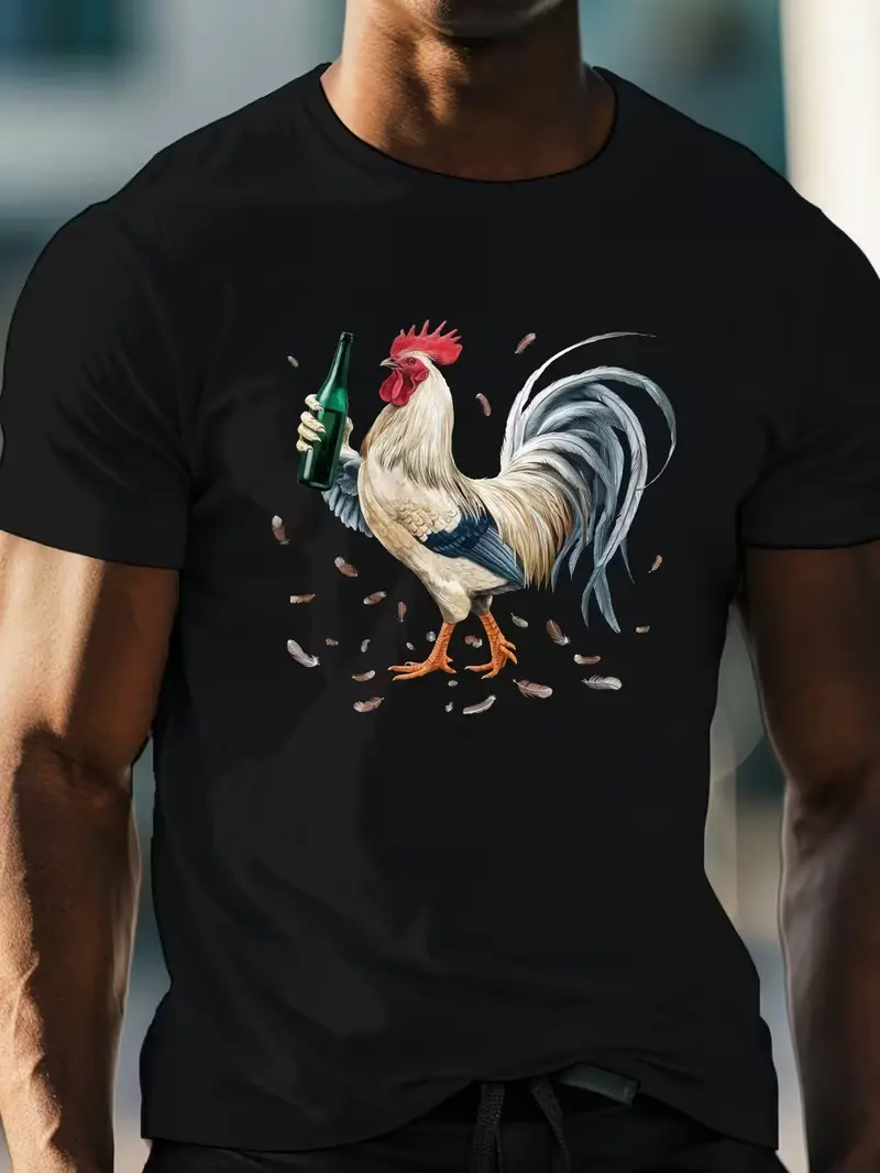 Funny Rooster Holding Beer Bottle Graphic T-Shirt Farm Animal Vintage Casual Men Tee