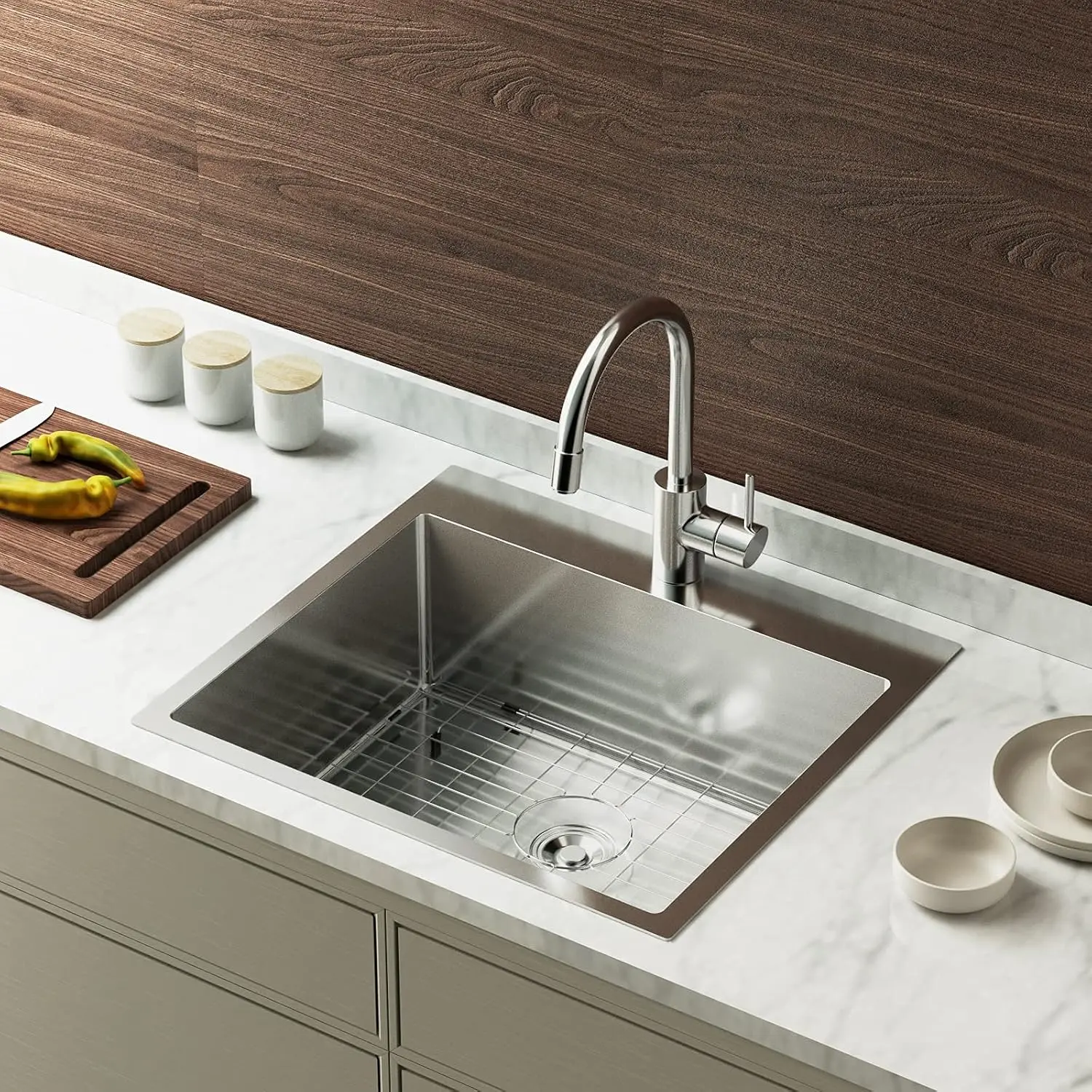 ROVSUN 25 Inch Top mount Kitchen Sink Drop-in, Farmhouse Kitchen Sink with Sink Protector 18 Gauge, Workstation Sink, 304 Stainless Steel Single Bowl for RV, Travel Trailer, Garage, 25x22x9 Home Drain