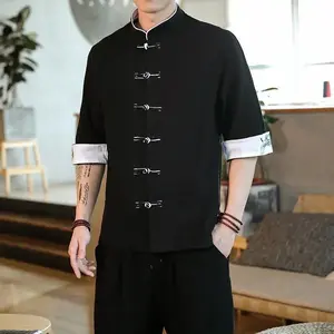 Embroidery Top Traditional Chinese Clothing for Men Vintage Half Sleeve Linen Shirts Solid Madarin Collar Hanfu Kungfu