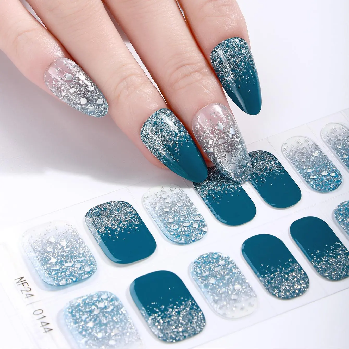 Glitter Half-cured Gel Nail Strips, Self-adhesive Gradient Nail Art Design Set, Easy To Apply & Remove, DIY Nail Art Kit for Women & Girls, Pressed on Nails, Glitter Decorative Nails, Gel Nail Stickers