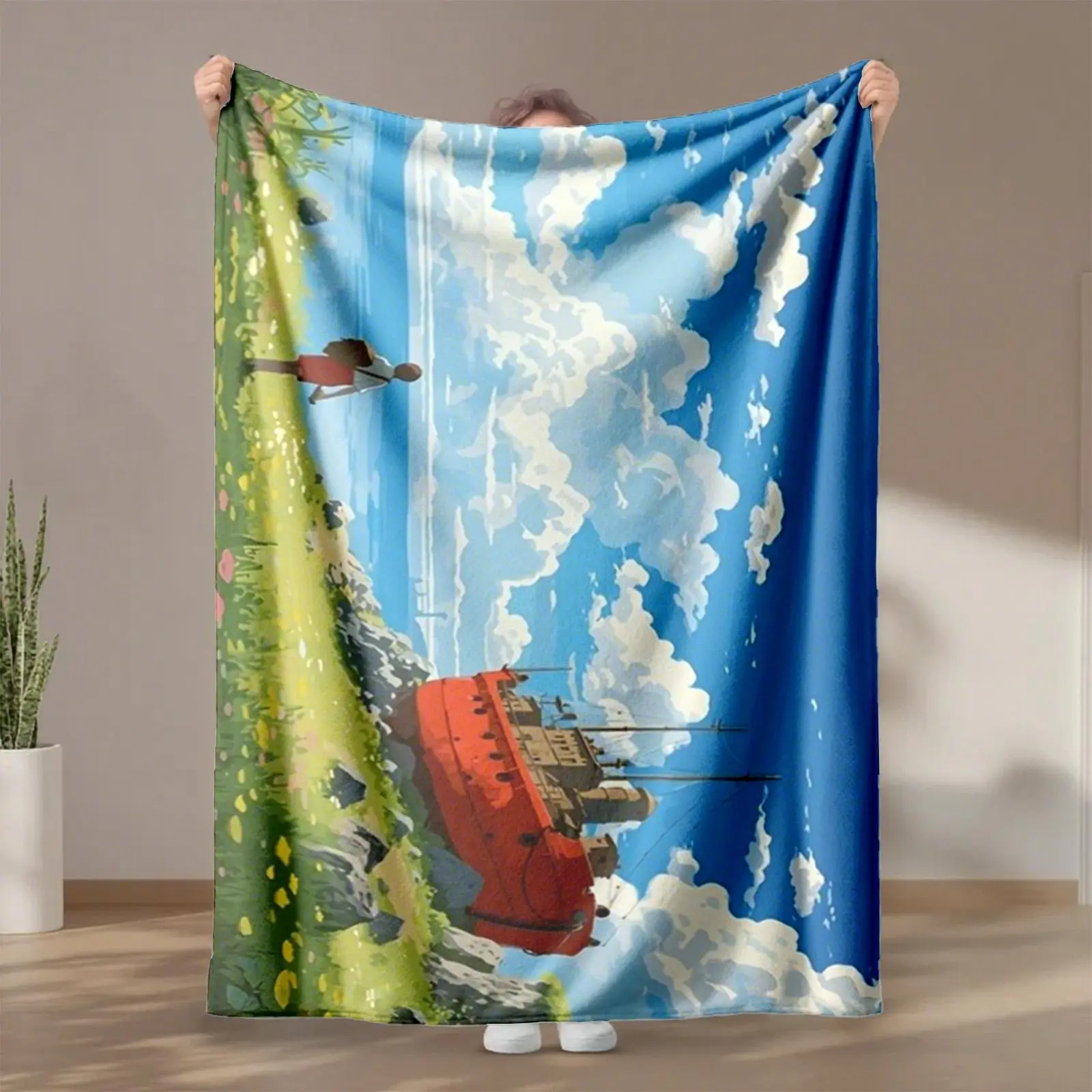 1 piece The red boat and the traveler on the summer coastline themed flannel blanket - Oversized fluffy warm sofa blanket, suitable for beds and sofas, modern geometric pattern design, all-season use, digital printing, 100% polyester material