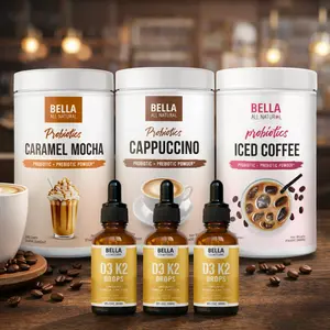 Bella All Natural Ultimate Coffeehouse Bundle: D3 K2 Drops (3-Pack) + Probiotics Caramel Mocha + Probiotics Cappuccino + Probiotics Iced Coffee