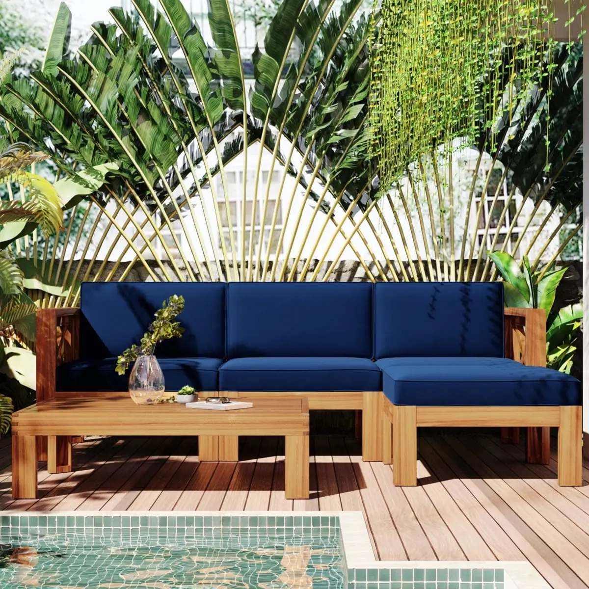 Direct Wicker UBS-SP110142AAC Outdoor Patio Wood 5-Piece Sectional Sofa Seating Group Set with Blue Cushions
