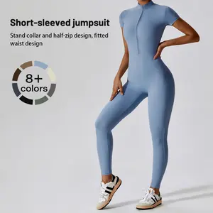 NVWA Mother's Day Gifts,Highly Elastic Yoga Short Sleeve Romper!Stand collar & half-zip front, fitted waist design — sleek & stylish for yoga, Pilates, or athletic casual wear. elegante  sport workout sets for women