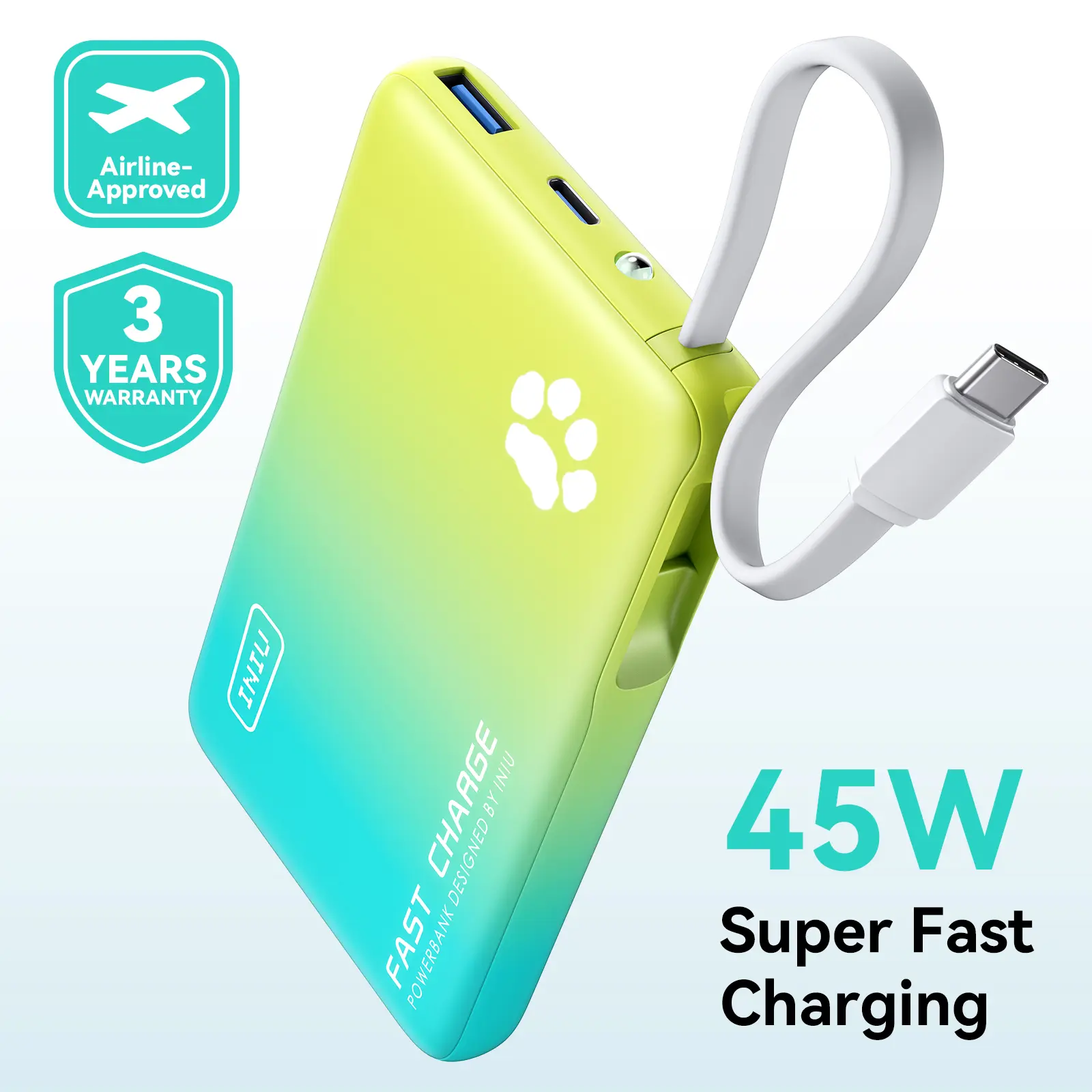 INIU PawGO 45W 10000mAh Power bank with Built-in USB C Cable, Slim PD Fast Charging Portable Charger Travel LED Display Light Battery Pack, External Phone Charge for iPhone 17 16 15 14 13 12 11 Series Samsung iPad Aipods Google Pixel Switch Perfect Gift,s
