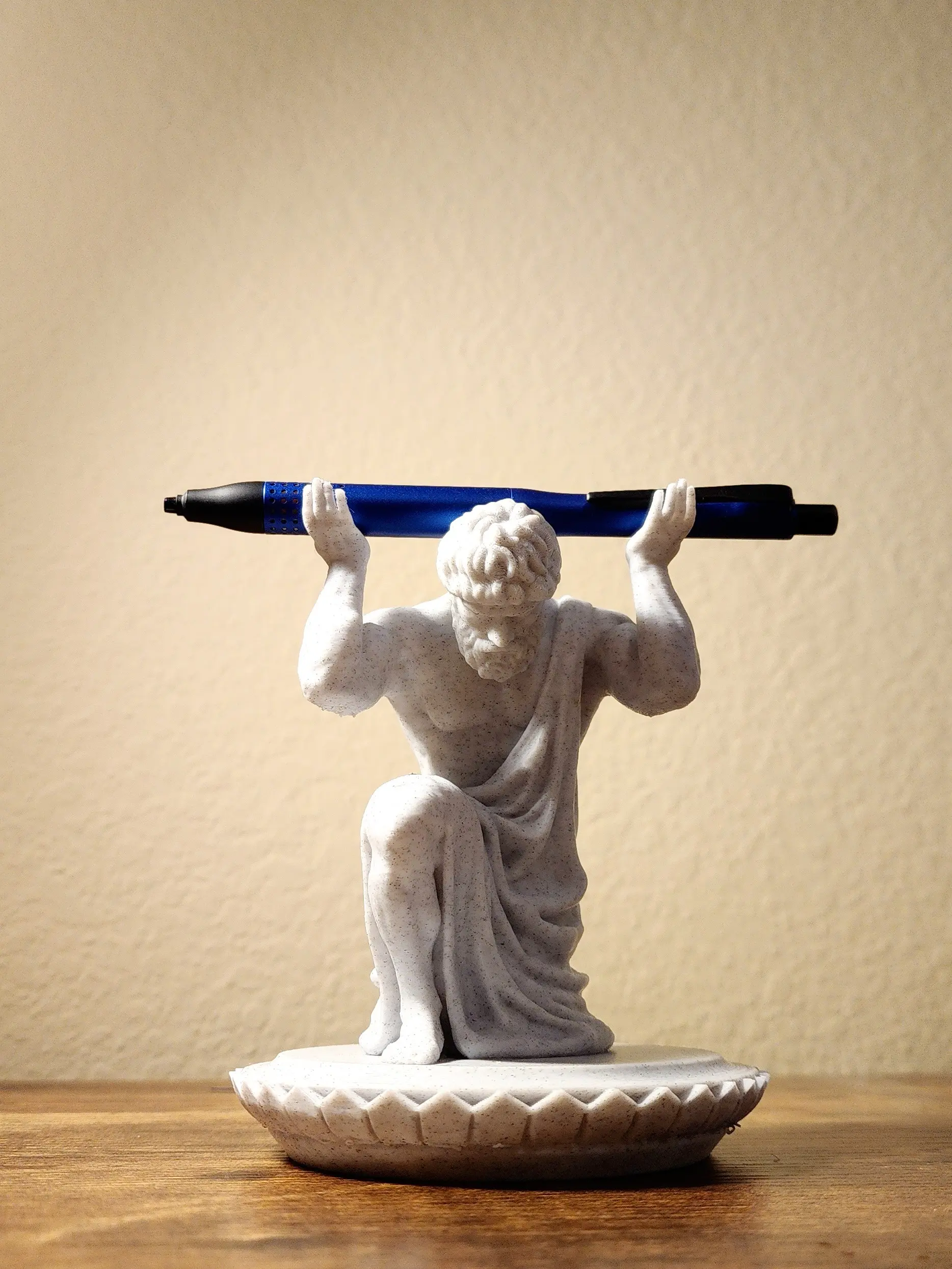 Atlas Pen Holder - 3D Printed Desk Organizer with Marble-Stone Texture, Office Accessories, Holds Small Tools, 5.25 in Height, 4 in Pedestal Diameter, Mythology Art