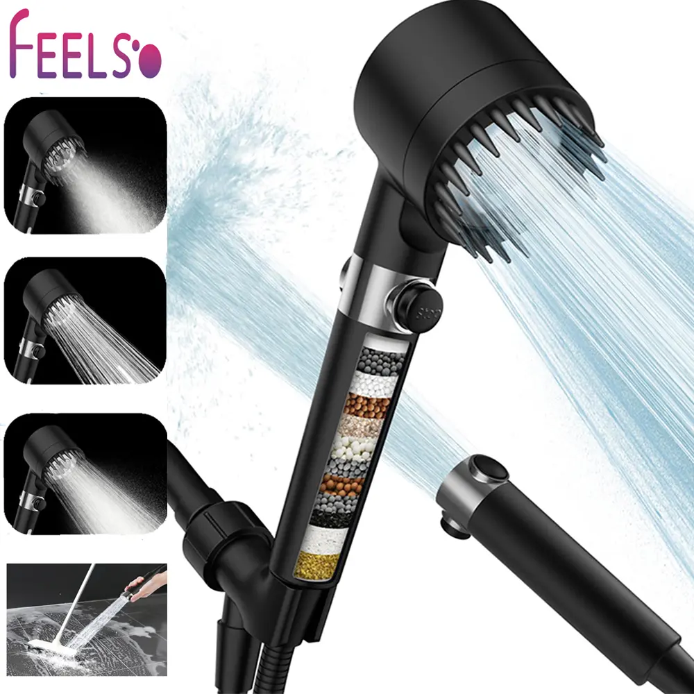 FEELSO High Pressure Showerhead - 15-Stage Filter, 3+1 Spray Modes, 1.5m Hose, Handheld Massage Function, 1-Touch Water Stop, Water-Saving Design for Modern Bathrooms