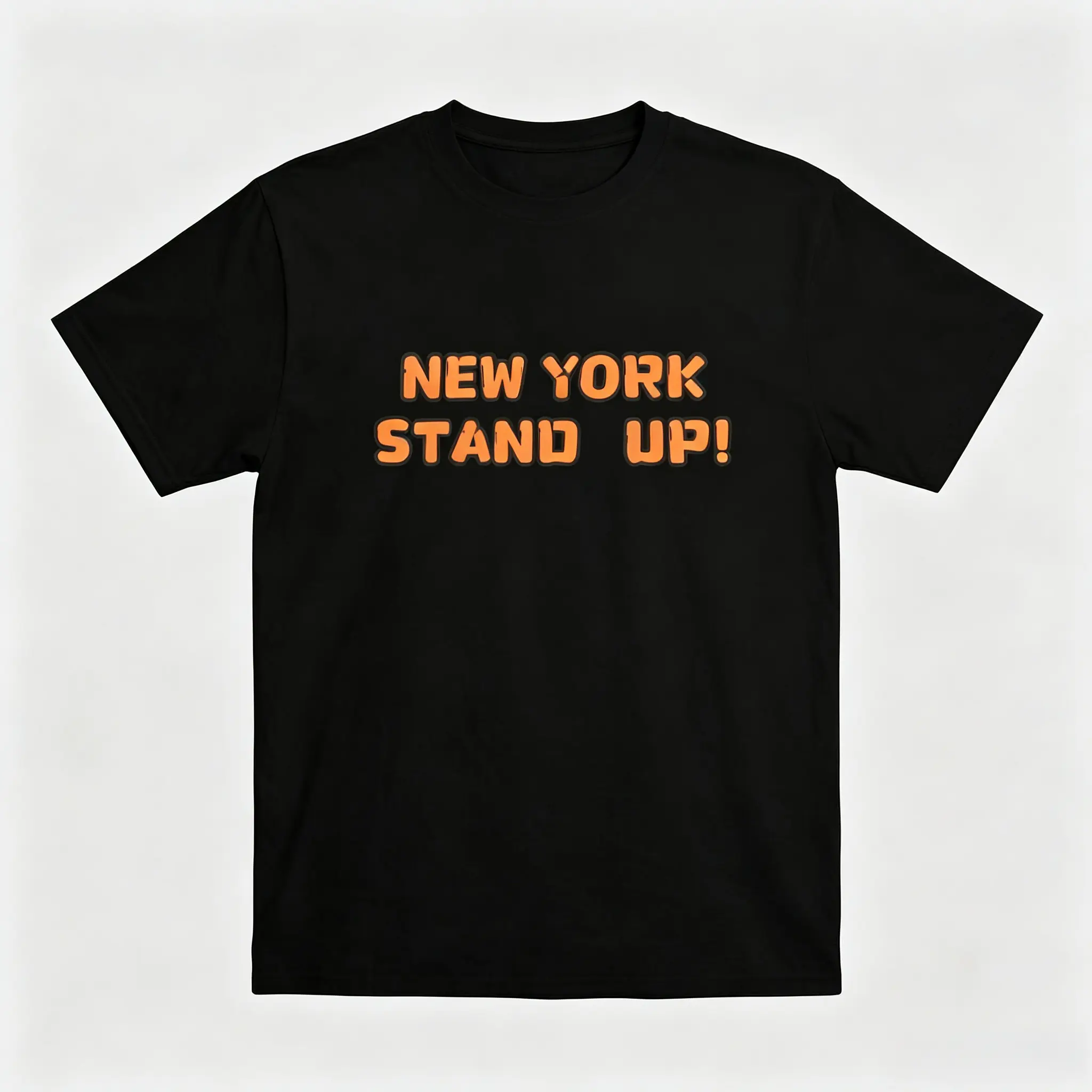 Stand up, New York! Bold orange text T-shirt, NYC Pride themed graphic T-shirt, casual short-sleeve shirt for New Yorkers, fun graphic T-shirt, meme T-shirt, rugged-style graphic album T-shirt, buy fun T-shirts online