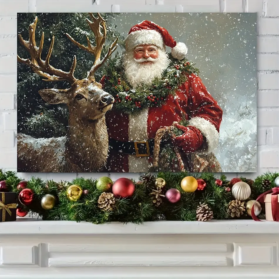 Santa Claus and Elk Framed Canvas Wall Art Framed Print - Merry Christmas & Happy New Year Home Decor, Ideal for Living Room & Bedroom Decor