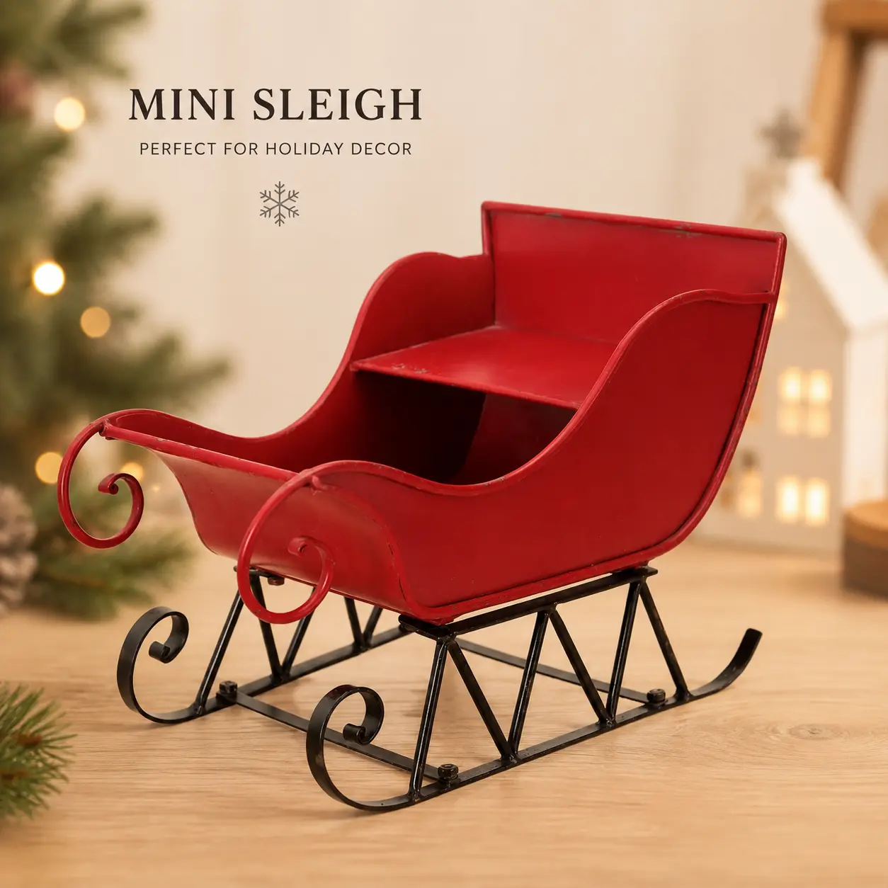 littleox 14.5x10x11"H Iron Red/Black Sleigh Small, Distressed Christmas Santa Sleigh Holiday Tabletop/Hanging Decoration