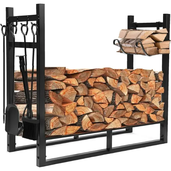 HECASA 33-Inch Heavy Duty Heavy Steel Firewood Rack with Kindling Holder, Shovel, Poker, Tongs & Brush - Powder Coated Steel for Indoor/Outdoor Fireplace Use