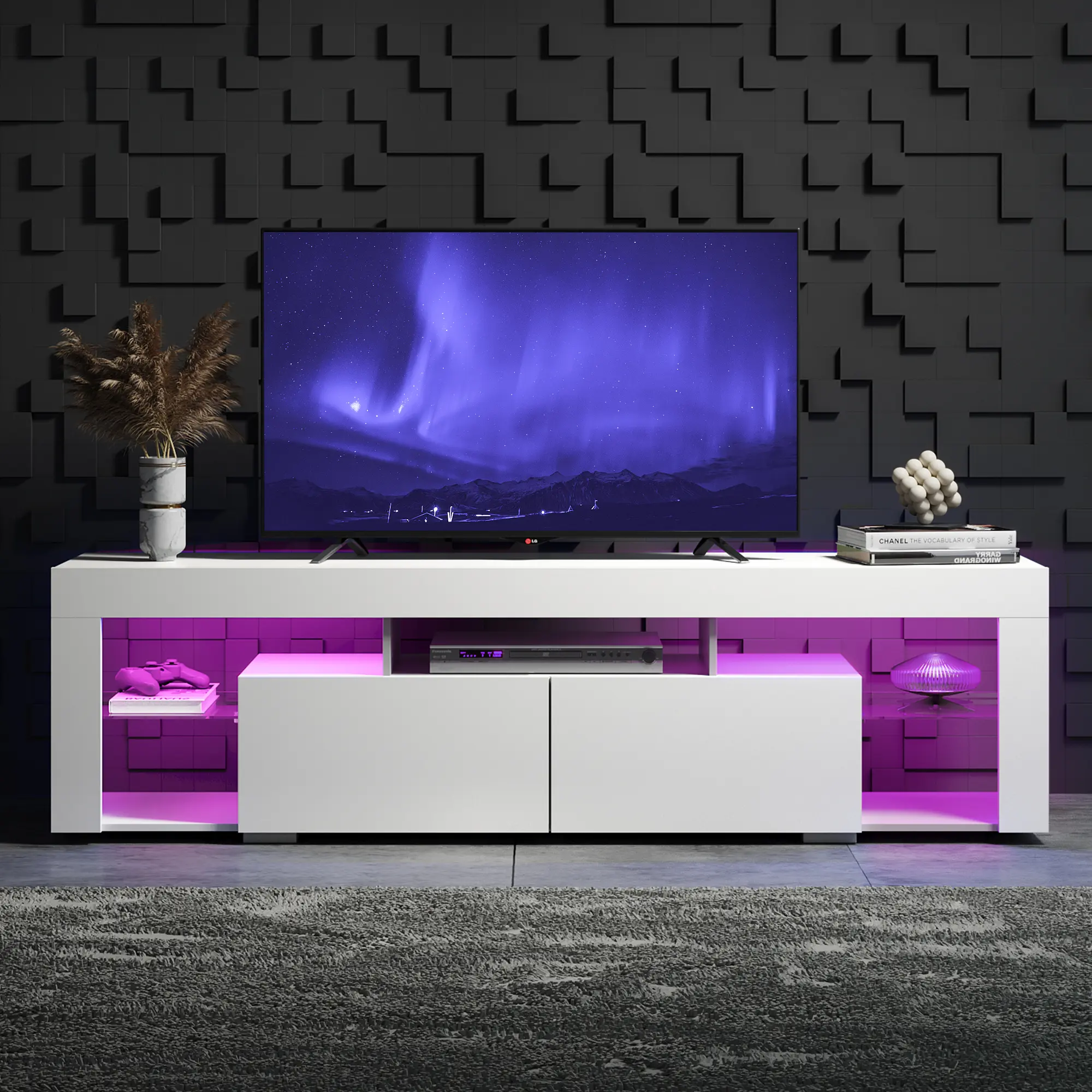 WLIVE TV Stand for 65 to 70 Inch TV, Modern Entertainment Center with LED Lights & 2 Large Storage Drawers, Wood TV Console for Living Room, Bedroom