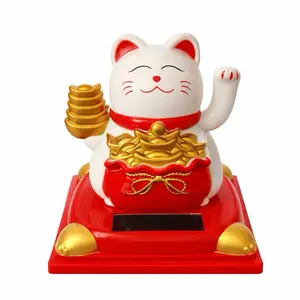 Solar Powered Lucky Cat Feng Shui Statue with Waving Arm Fortune Cat Ornament for Front Desk Business Openings Car Decorations