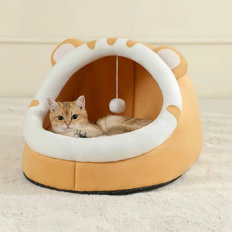 Cozy Cat Cave Bed with Plush Cushion & Hanging Ball Toy, Warm Indoor Pet House for Cats and Small Dogs