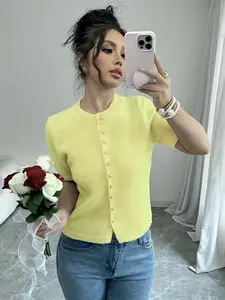 New Women's Slim Fit Fashion Elegant Outdoor Round Neck Solid Color Versatile Cardigan Short Sleeve Knit Top Sweater, Y2K Style, Casual Wear