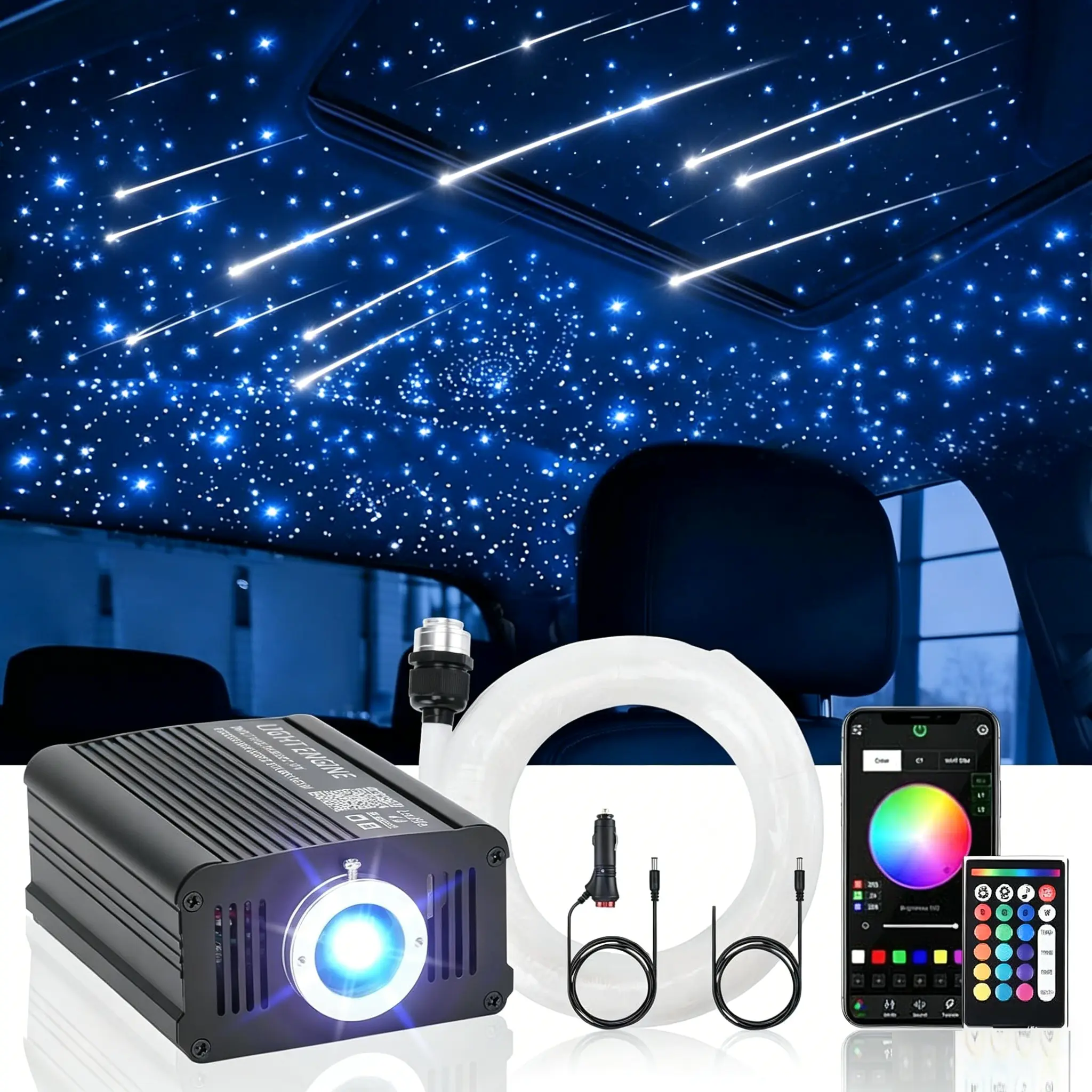 2-in-1 1000pcs Meteor Breathing Flickers Starlight Headliner Kit 6.5ft 0.02in Starlights RGBW Fiber Optic Lights+Shooting Stars, APP+Remote Control Star Headliner Kit, Car Star Lights for Car Roof