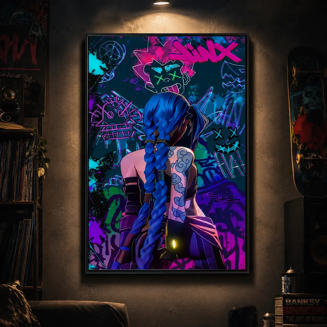 Framed Anime Jinx Canvas Wall Art - Graffiti Style Poster for Living Room, Bedroom, Hallway Decoration - Perfect Gift for Anime Fans, Colorful Neon Colors, Ornaments, Decor, Decoration Art Illustrations Abstract Pattern Print