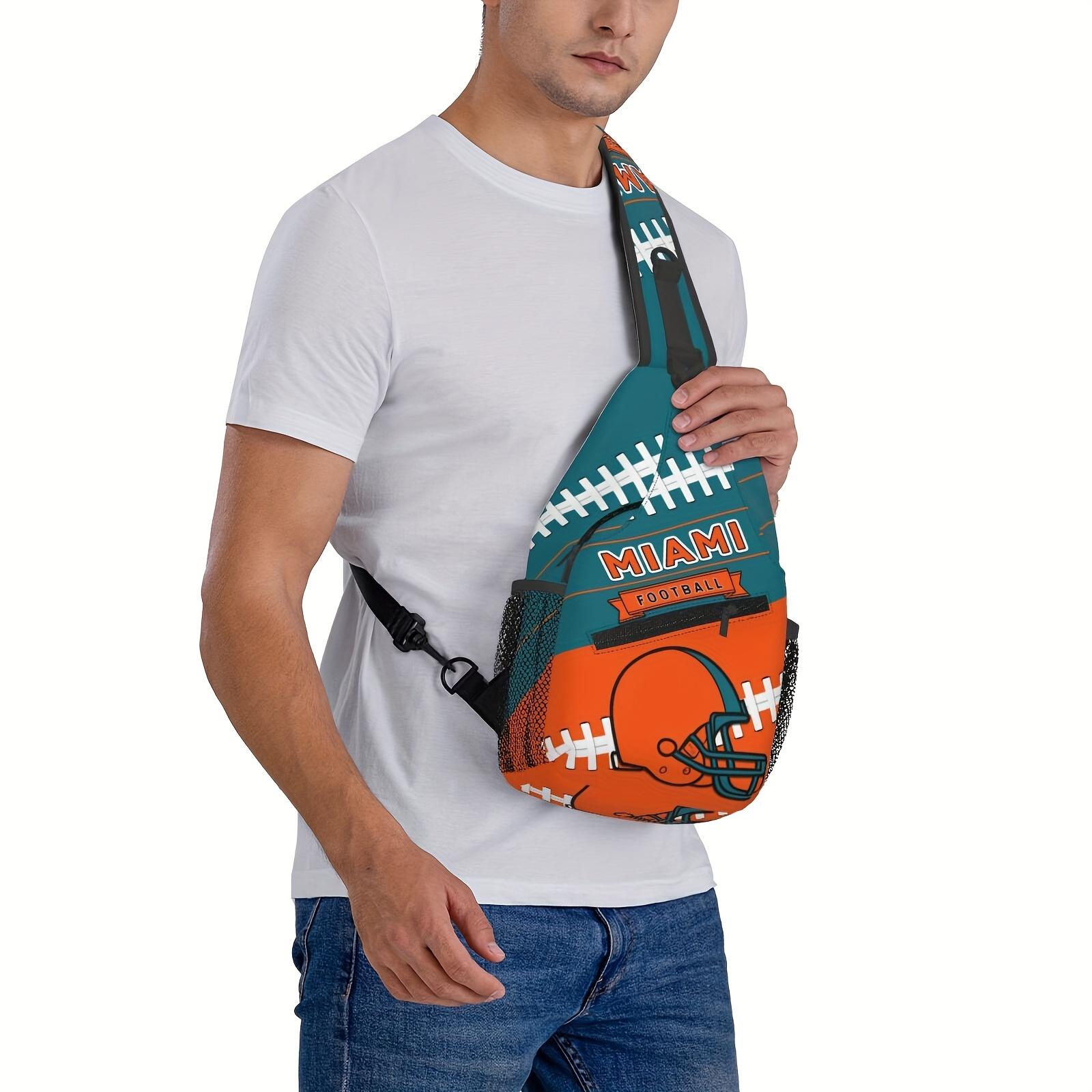 Large Crossbody Backpack  Miami Football Graphic - Turquoise & Orange Football Field Design, Heavy-Duty Machine-Washable Polyester Bag  Zipper Closure & Adjustable Strap - Spacious Chest Pack for Travel, Hiking, Sports, Gaming Fans - Unisex with