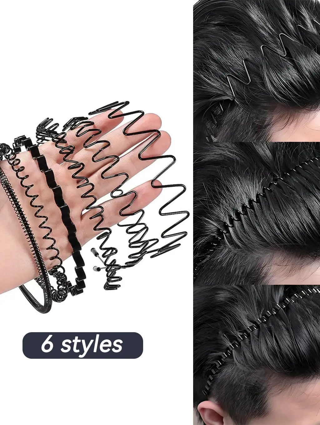 Retro Male Headbands, 6-Piece Casual 90s Style Wavy Serrated Metal Hair Accessories with a Durable and Non-Slip Design for Sports, Accessory Kit Headbands, Daily, Elastic, Prevents Hair Tangling, Unisex Wear