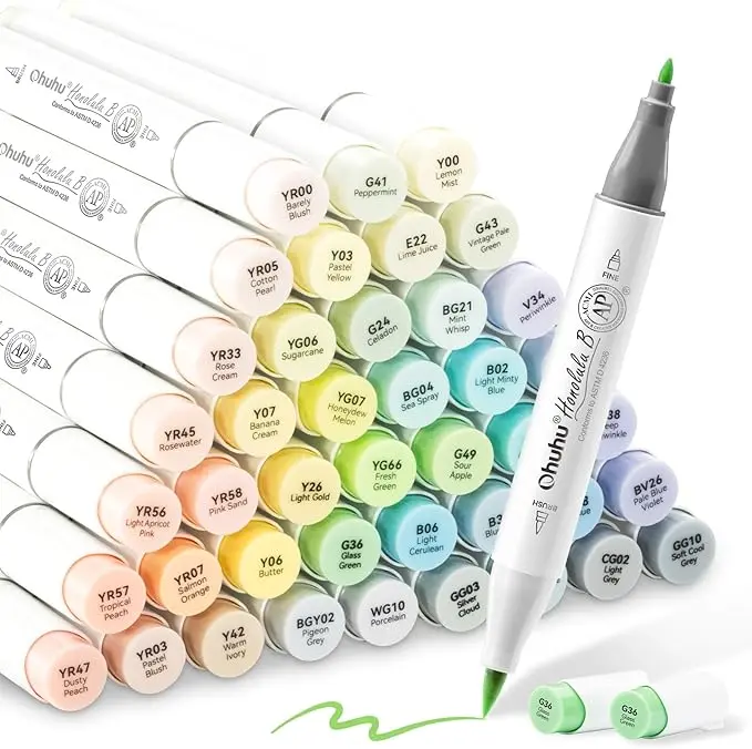 Ohuhu Pastel Double-Tipped Art Marker Set - 48 Honolulu Blossoming Colors, Brush to Chisel/Fine Tips, Alcohol-Based, Refillable, AP-Certified, B Series, Thoughtful Gift for Artists, Seamlessly Blending Drawing Pen Tip Art and Paint Supplies, Mark, Calligr