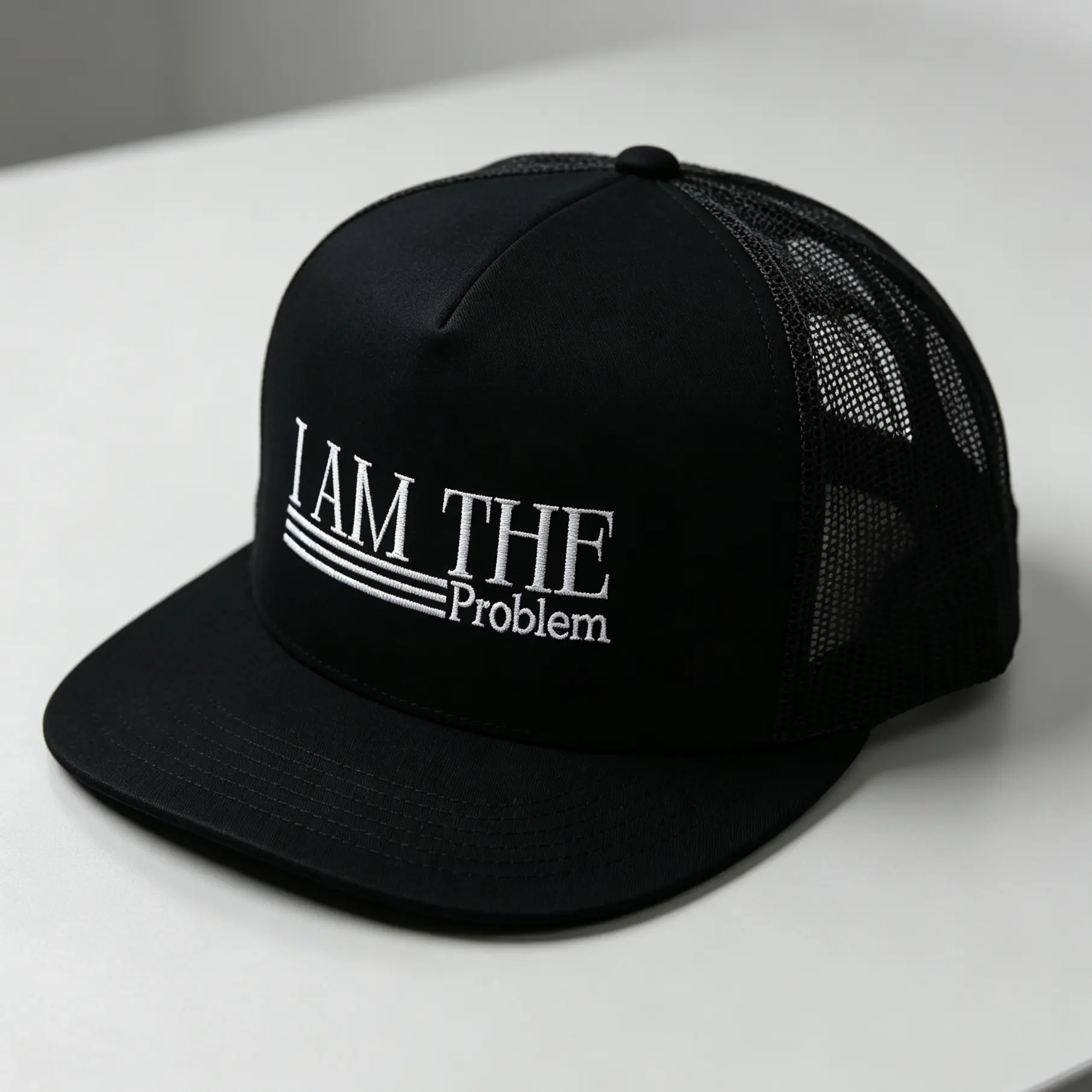 Cotton Mesh Flat Brim Trucker Snapback Hat - Embroidered "I AM THE Problem" Text, Adjustable Snapback Closure, Streetwear Fashion Accessory, Size-Fits-Most for Daily Wear, Embroidered Text, One Size Fits Most Casual Trendy Hat Adjustable Casual Hats
