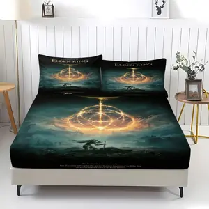 Elden Ring Pattern Bedding Set, Comfortable Printed Design, Includes 1 Fitted Sheet & 2 Pillowcases, Non-Slip, Perfect for Bedroom, Kids & Adults Gift