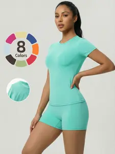 Women's Two-Piece Solid Color Sports Activewear Set, Slim-Fit Round Neck Short Sleeve Shorts, Fitness for Women, Comfortable Workout Wear