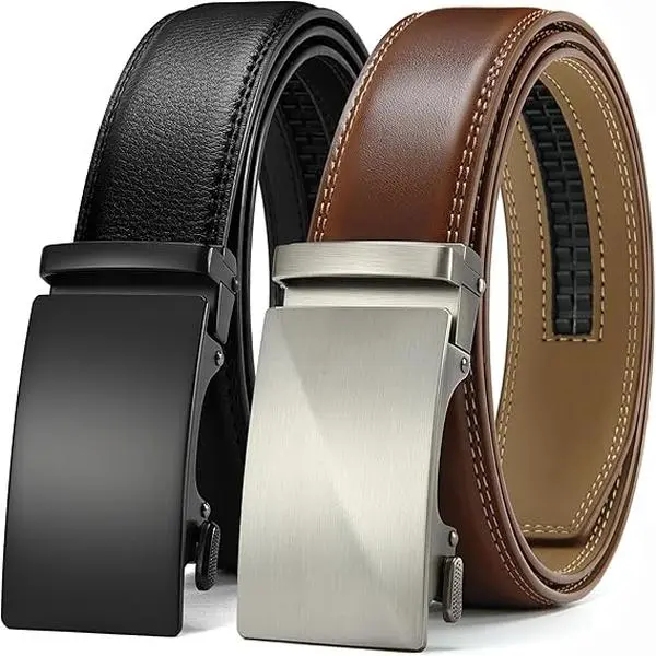 Men's Leather Ratchet Belts 2-Pack (Black, Brown) - Adjustable Automatic Belts, Customisable Fit, Effortless Style, Leather Belts, Adjustable Belt