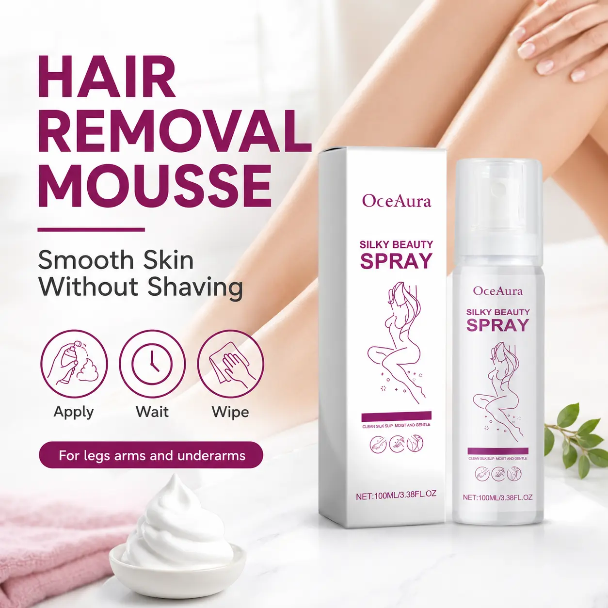 Painless Hair Removal Spray Foam - Gentle Spray & Wipe Body Care Mousse, Smoothing Sensitive Skin Underarm Hair Remover Shaving for Legs, Arms, Organic