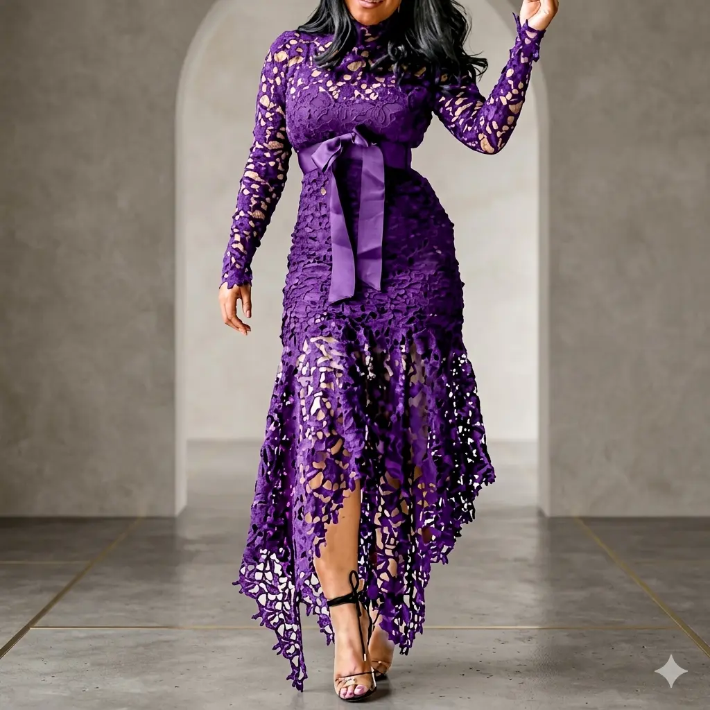 Women's Purple Lace Formal Gown - Elegant High Neck, Long Sleeves, Waist Tie, Irregular Hem - Wedding Guest & Party Events Dress with Elegance