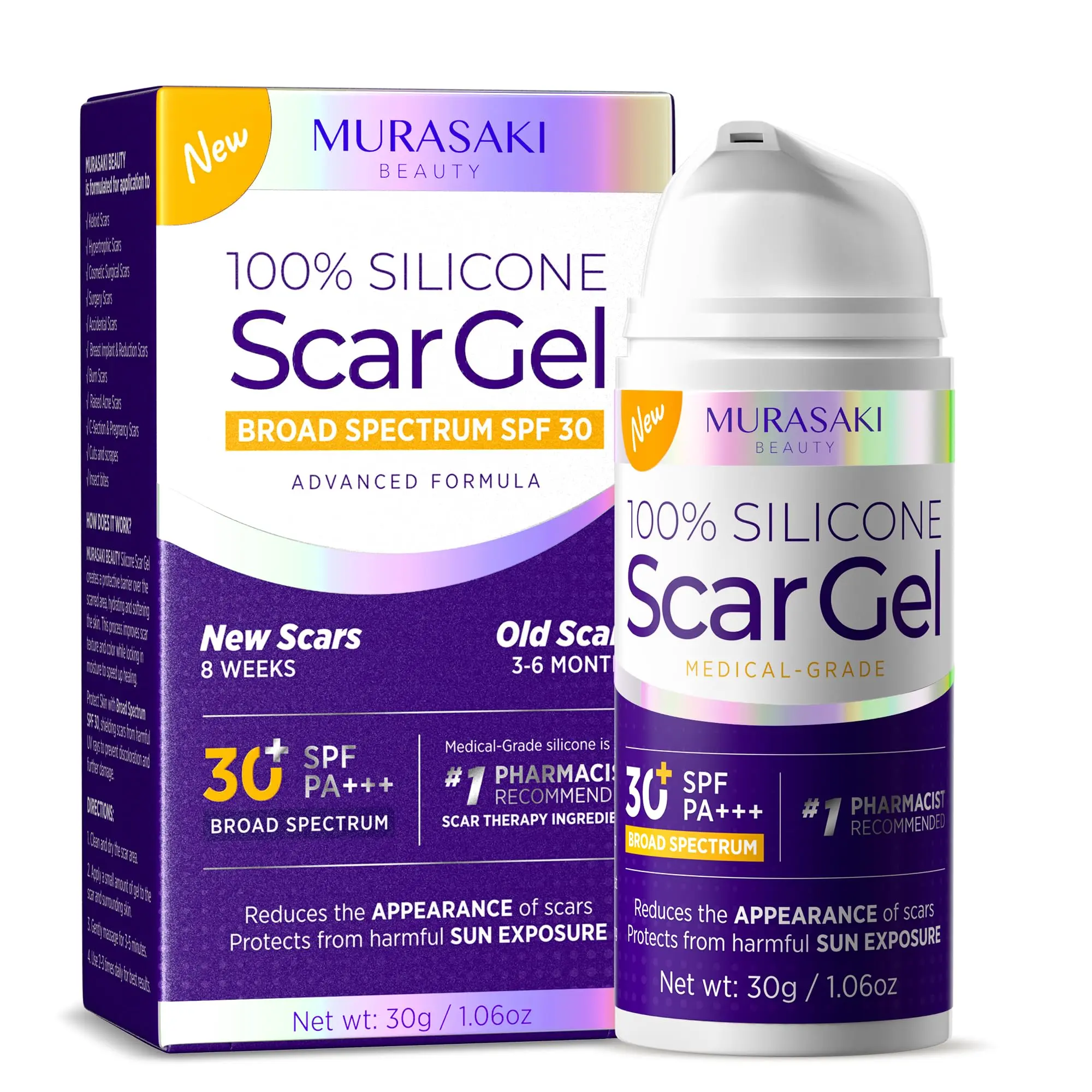 Murasaki Silicone Scar Gel Scar Cream: SPF 30 Advanced Medical-Grade Formula for Surgical Scars, C-Section, Stretch Marks, Acne, Burns, Keloids, Old & New Scars – Broad Spectrum UV Protection 1.06oz (30g)