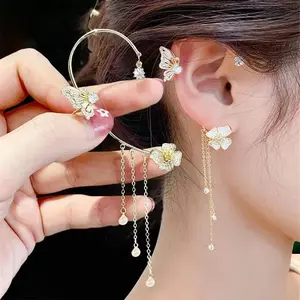2pcs Butterfly Earrings for Women Trendy, Flower Tassel Cuff Clips on,Silver Golden Charm Cubic Zirconia Dainty No Piercing Wrap Butterfly,Gifts for Girls