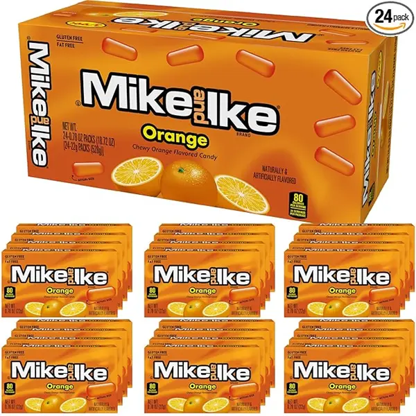 MIKE AND IKE Chewy Orange Fruit-Flavored Candy Snacks, 0.78 oz Box (Pack of 24) - Low Fat Sweet Bulk Candy Snacking, Vending Machine Snack with Strawberry & Corn Accents