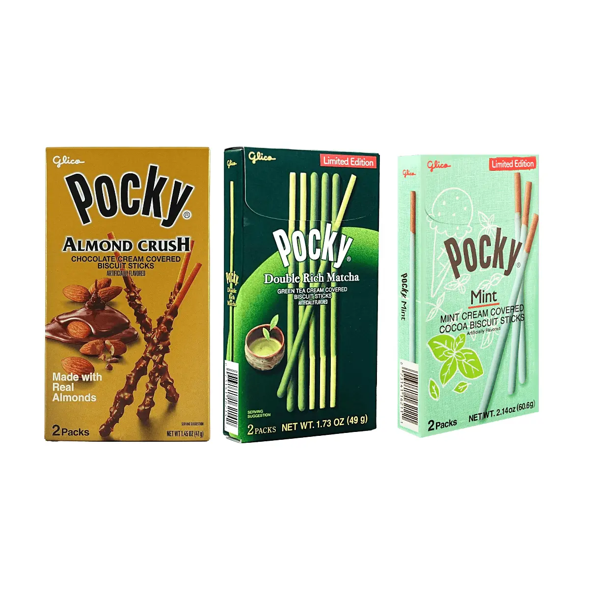 3 Pack GLICO POCKY Chocolate Cookie Sticks - Almond + Double Matcha + Mint Cocoa 5.34 oz Variety