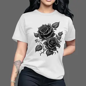 Women's Preppy Fitted Rose Graphic Short-Sleeve T-Shirt - Round Neck, Soft Smooth Fabric, Casual Sports Top for Spring, Summer Daily Wear (Women's Shirts, Tshirt), Shirts For Women