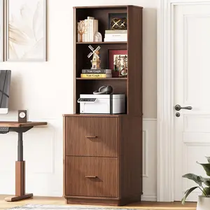 ONBRILL 71" Tall Fluted Bookcase with 2 File Drawers, Curved Design Display Bookshelf with Storage, Mid-Century Modern 3 Tier Bookcase with Sturdy Pedestal for Home Office, Living Room