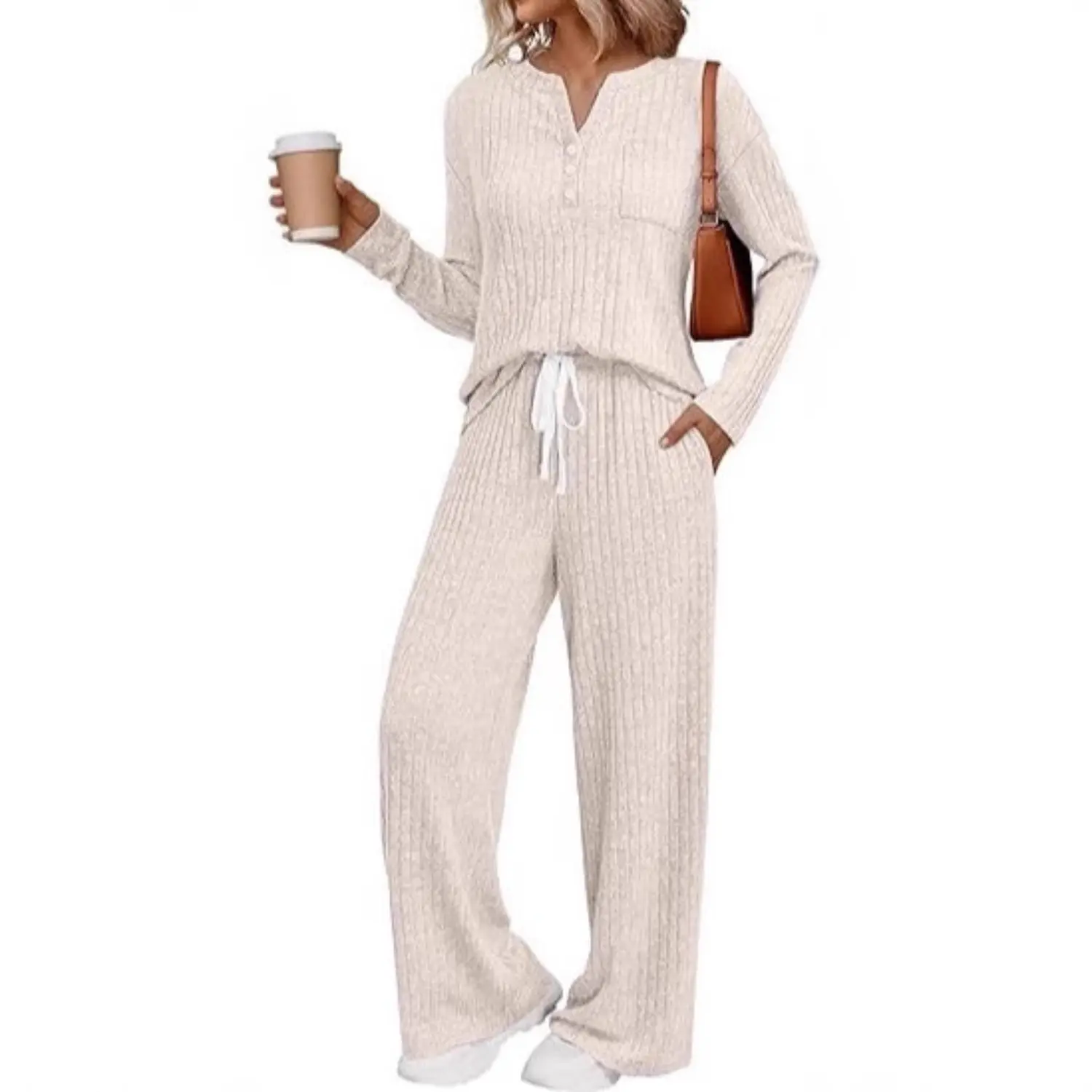 Women's 2-Piece Minimalist Loungewear Pajama Set - 2025 Fall Basic Casual Henley Neck Long Sleeve Sweater with Contrast Binding, Matching Pocketed Sweat Suit, Machine Washable Nightwear, Knit Pajamas Sets, Knitting, Cozy Chic