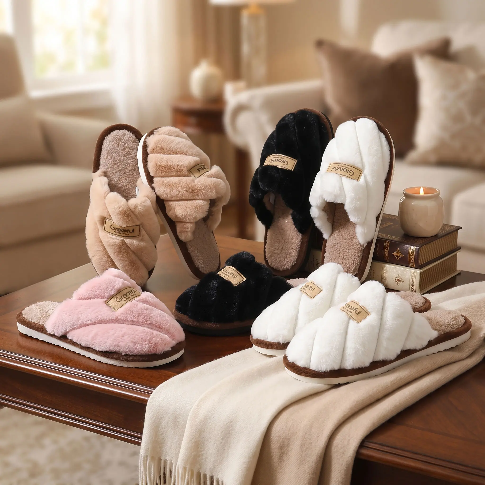 Women’s Plush Open-Toe House Slippers, Cozy Fuzzy Slip-On Indoor Slides