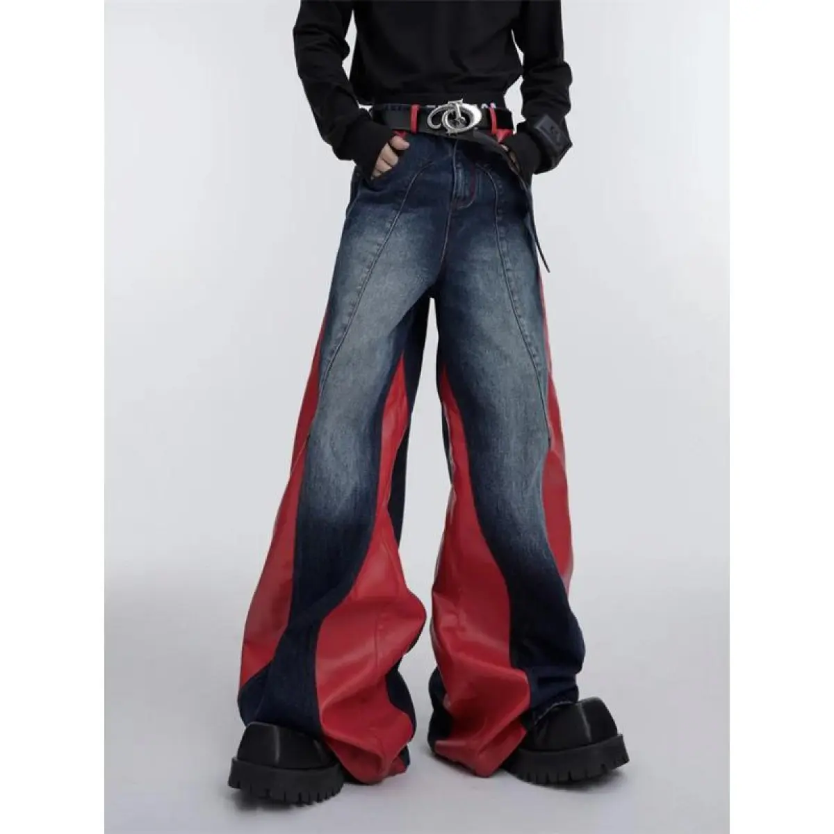 2026 Ropa Y2K Streetwear Red Pu Leather Patchwork Baggy Jeans Pants For Men Designer Clothes Kanye Wide Leg Loose Denim Trousers, men apparel, bottoms men, casual jeans men, men streetwear, relaxed fit men