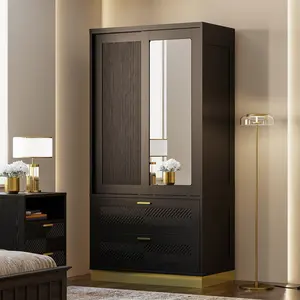 ANCTOR 71" Modern Armoire Wardrobe Closet with Mirror, 2-Door Tall Wardrobe Closet with Sliding Doors 2 Large Drawers Hanging Rod Anti-Tip Kit Freestanding Closets for Bedroom, Apartment, Cloak Room