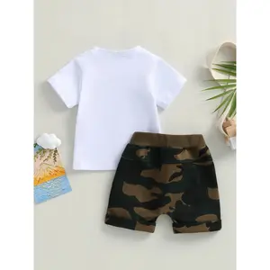 Shorts set for boys aged 0-3 years, short-sleeved letter-printed T-shirt paired with camouflage shorts, summer outdoor clothing