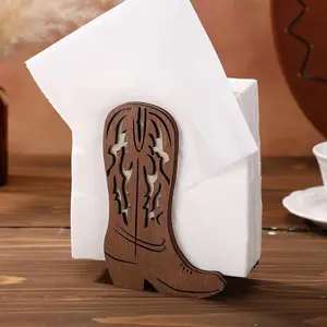 Rustic Brown Wood Western Cowboy Boot Napkin Holder Open Top Design Stable Base Durable Vintage Style Ideal for Farmhouse Kitchen Western Themed Events