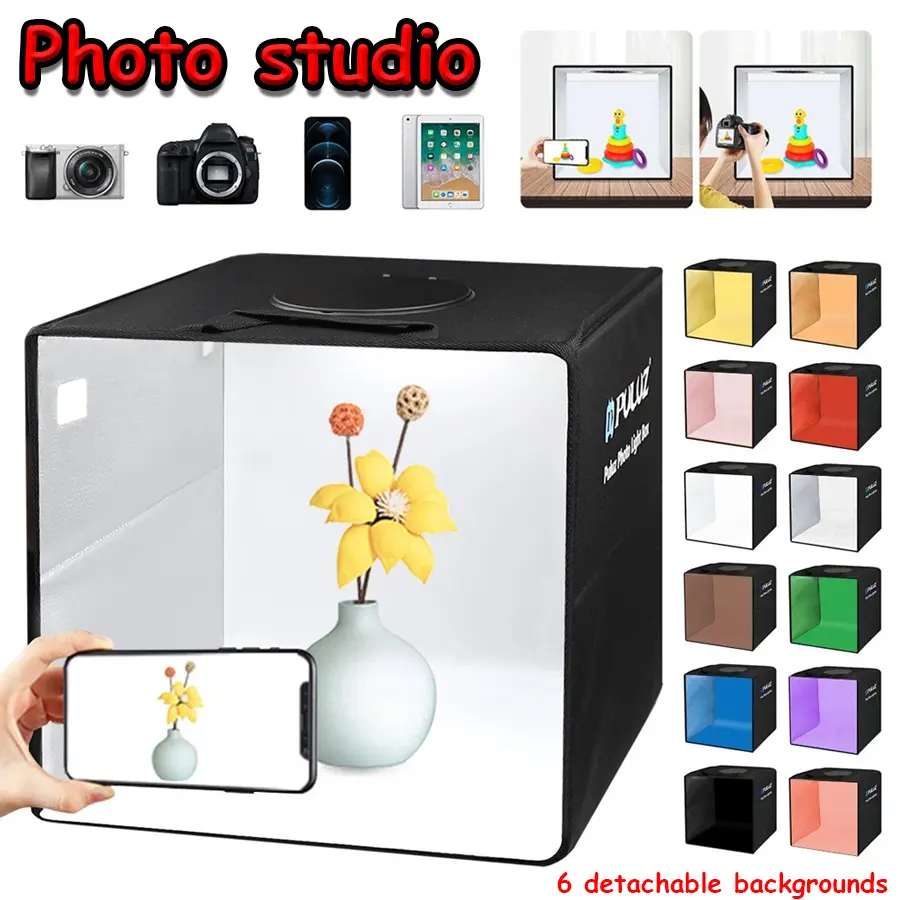 12x12 In Portable Photo Light Box Kit - Folding Black Shooting Tent with Dimmable LEDs for Photographers, 6 Waterproof PVC Backdrops & Accessories for Jewelry & Product Photography (Indoor Recreation Equipment)
